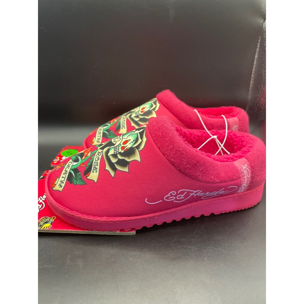 Ed Hardy Pink Black Rose of Death Skull Slippers Women Size 5-6 New